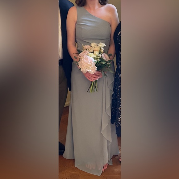 David’s Bridal Dusty Blue Chiffon One Shoulder Bridesmaid Dress Size 4 - Picture 6 of 6